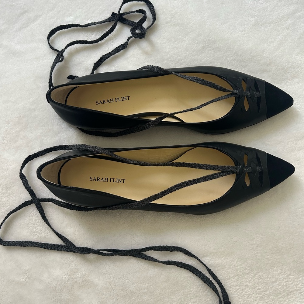 Sarah Flint Black Pointed-Toe Lace-Up Flats - Picture 2 of 9
